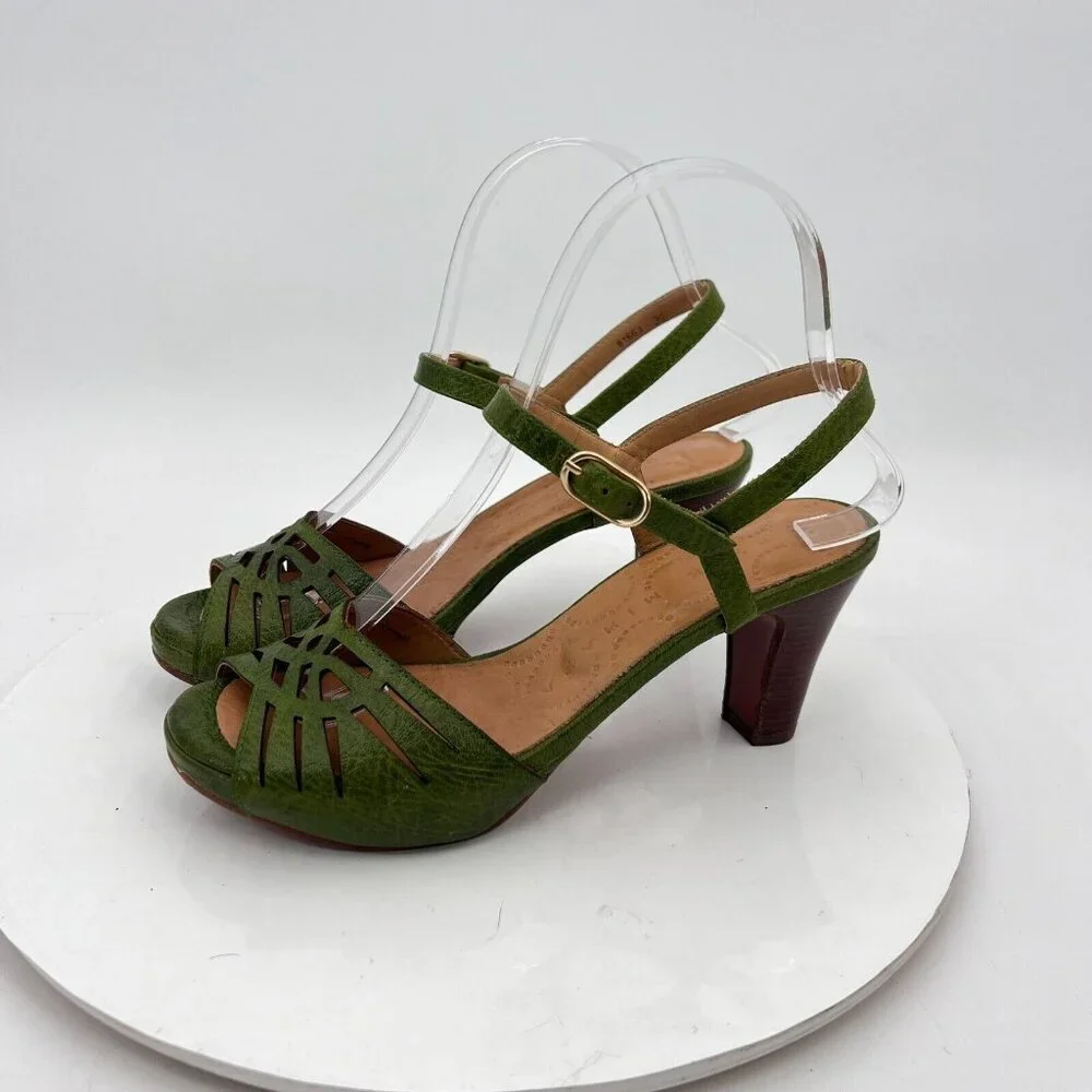 Chie Mihara Women Size EU 36 US 6 Green Leather Open Toe Sling Back Heel Sandal